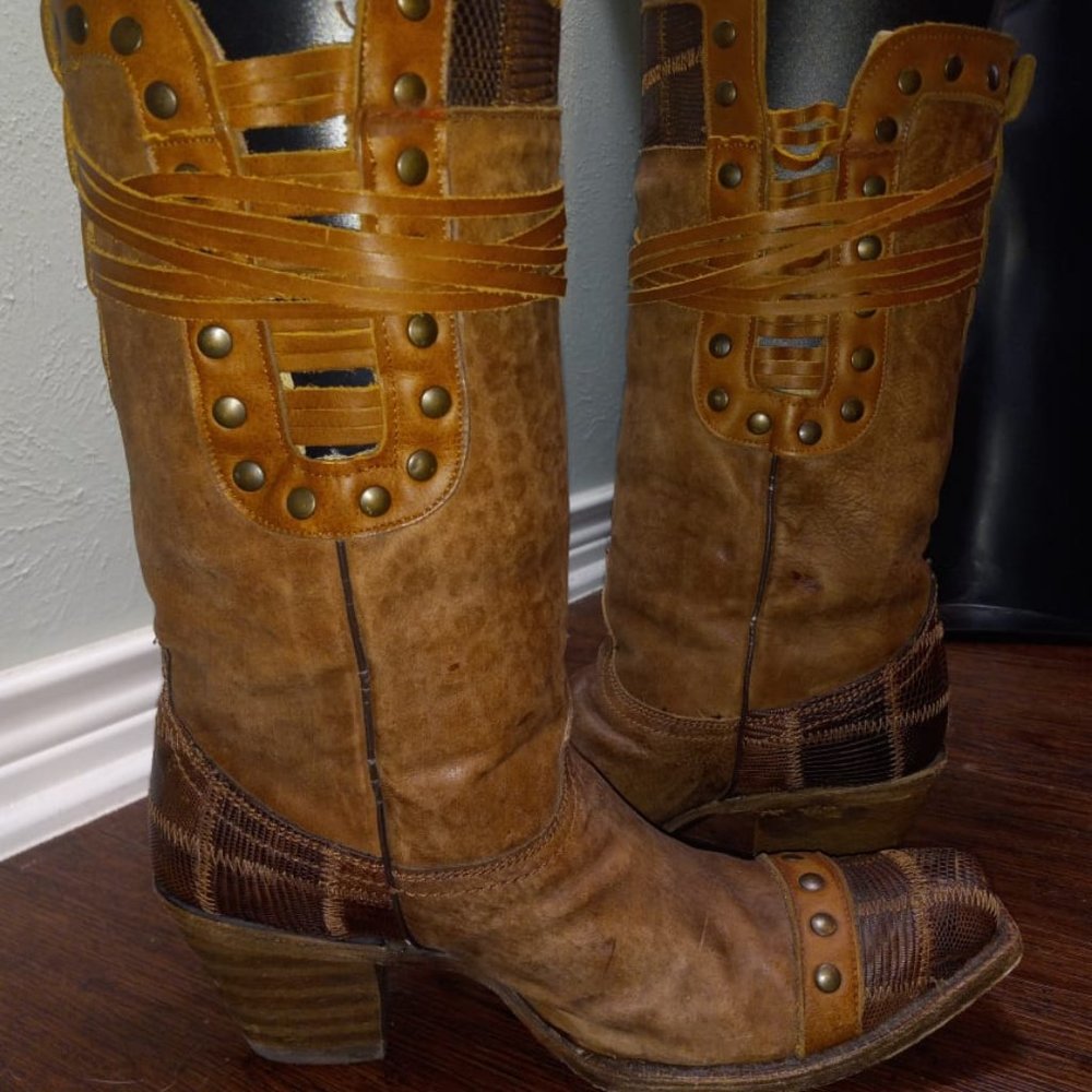 Rare Corral Lizzard Patchwork Boots with Wrapped Tassels and Studs